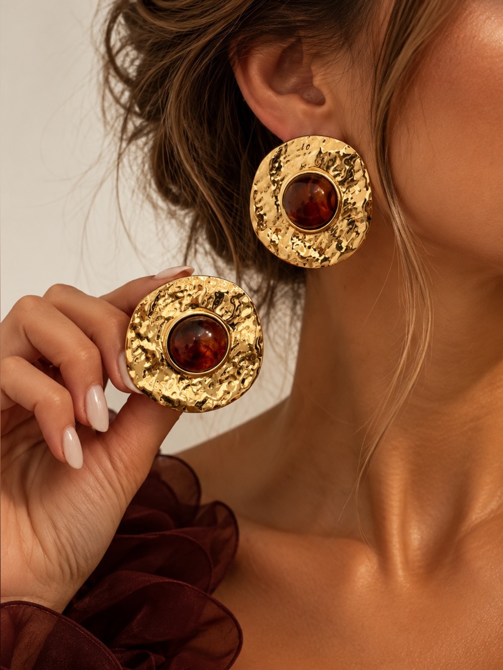 Gold-Tone Statement Earrings with Amber Center